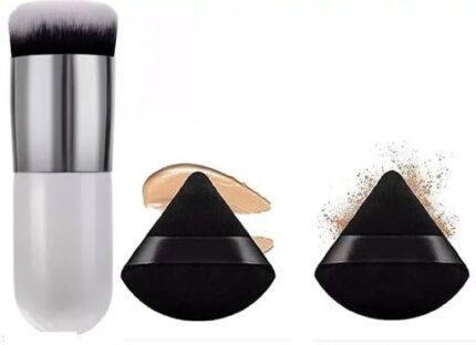 1 Round Foundation Makeup Brush, 2 pieces Makeup Sponge Blender (Foundation brush, 2 Pieces Triangle Powder Puffs Face Cosmetic Powder Puff Washable Reusable Soft Plush Powder Sponge Makeup Sponge)