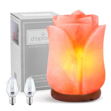 100% Authentic Natural Himalayan Salt Lamp; Hand Carved Flower Rose in Pink Crystal Rock Salt from the Himalayan Mountains; Hand Crafted Wood Base, UL-listed Dimmer Cord