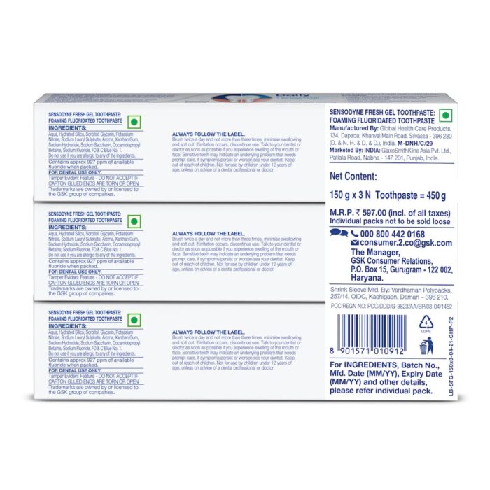Sensodyne Toothpaste Fresh Gel Combo pack, Sensitive tooth paste for daily sensitivity protection, 450 gm multi-pack (150 gm x 3) (Pack of 2)