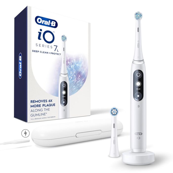 Oral-B Io Deep Clean + Protect Rechargeable Electric Adult Toothbrush, White With A Io Series 7 Toothbrush, 2 Replacement Brush Heads, And A Charging Travel Case, 1 Count
