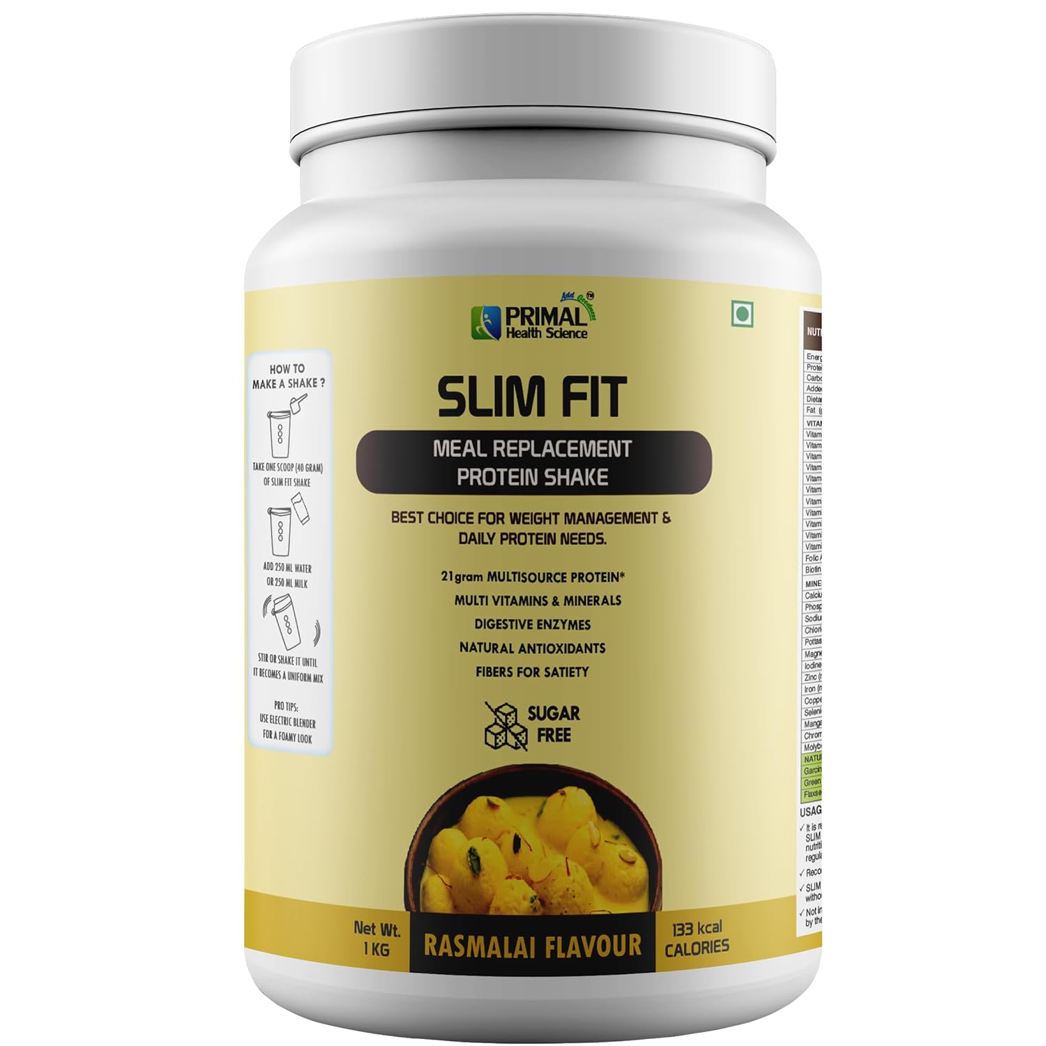 Primal Meal Replacement Protein Shake For Weight Control & Management | Sugar Free | Fiber | Digestive Enzymes | No Transfat | Vitamins & Minerals (Rasmalai 1kg)