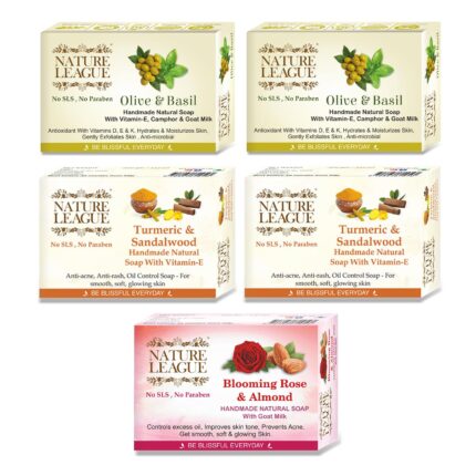 NATURE LEAGUE - Natural Skin Nourishing Bath & Body Combo of Handmade Soaps, Made With Natural Oils, Goat Milk, Camphor, Vitamin-E, With Captivating Fragrance, SLS & Paraben Free, Pack of 5 (500 gms)