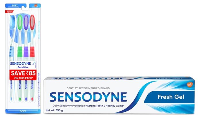 Sensodyne Toothpaste Fresh Gel, Sensitive tooth paste for daily sensitivity protection, 150 gm & Sensodyne Sensitive Manual Toothbrush with Soft Bristles for adult Pack - 4 Pieces,Multicolor