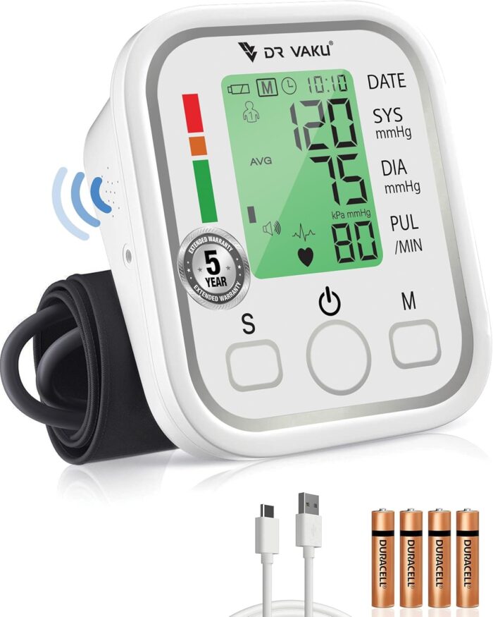 DR VAKU®️ BP Monitor Fully Automatic Blood Pressure Machine to Check Digital Glucose Level for Home Monitoring Device with Talking Function,Large Display + Cuff Kit Best Accurate Apparatus Measurement- White