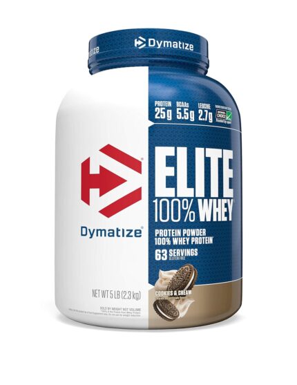 Dymatize Nutrition Elite 100% Whey Protein | Whey Protein Powder | Muscle Recovery | 25g Protein, 5.5g BCAA | Fast-Absorbing Protein | Gluten-Free | Blend with BCAAs & Glutamine | Cookies & Cream | 5 Lbs