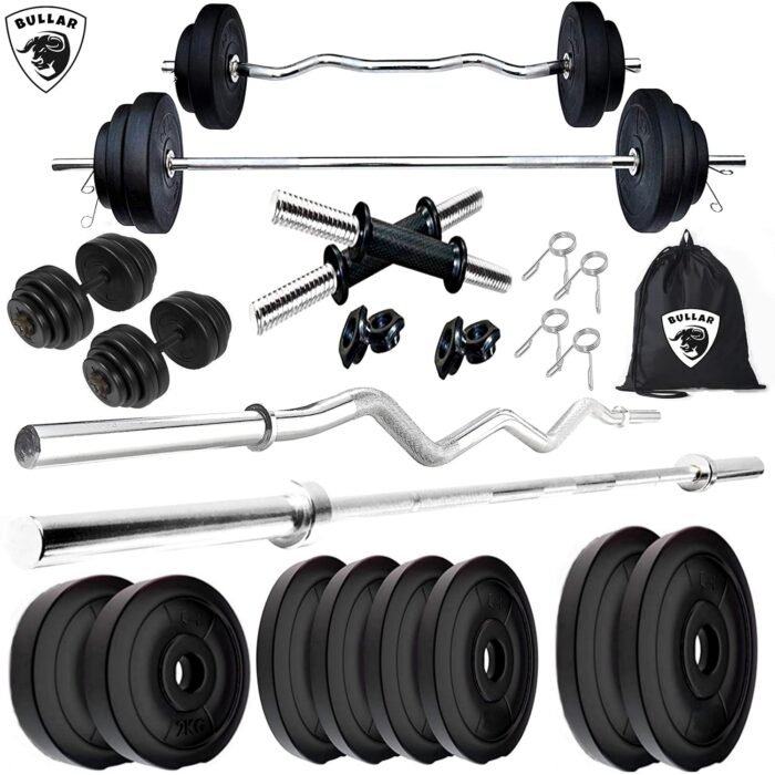 BULLAR Home Gym Set, Home Gym Combo, Home Gym Equipments for men, Home Gym Kit with 26Kg Weight Plates, 5ft Straight Rod and 3ft curl Rod, 1 Pair Dumbbell rods & Accessories