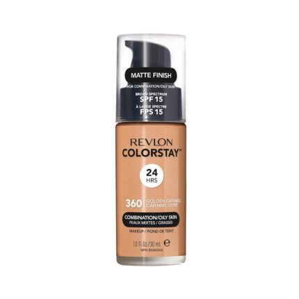 Revlon ColorStay Liquid Foundation Makeup for Combination/Oily Skin SPF 15, Longwear Medium-Full Coverage with Matte Finish, Golden Caramel (360), 1.0 oz