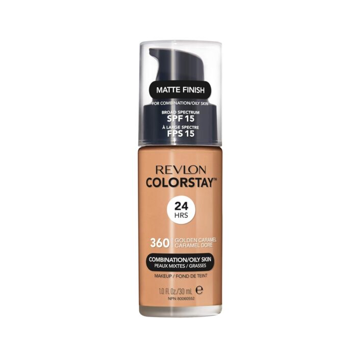 Revlon ColorStay Liquid Foundation Makeup for Combination/Oily Skin SPF 15, Longwear Medium-Full Coverage with Matte Finish, Golden Caramel (360), 1.0 oz