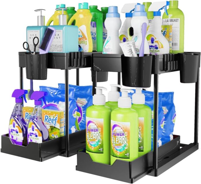 2 Pack Under Sink Organizers and Storage Bathroom, 2 Tier Under Sliding Kicthen Cabinet Basket Organizer with Hooks, Hanging Cup, Dividers, Handles, Multi-purpose Under Sink Shelf Organizer