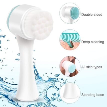 2-in-1 Facial Cleansing Brush, Silicone and Microfibre Bristles, Dual-Sided Design, White