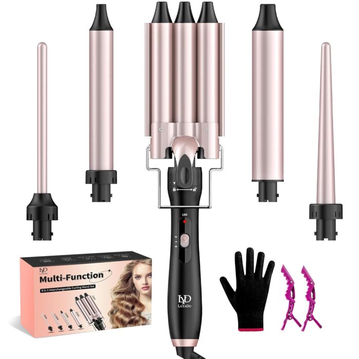 5-in-1 Curling Iron, LAYADO 9-32 mm Ceramic Hair Curler, Interchangeable Curling Iron with Two Temperature Adjustments, with Glove and Hair Clip