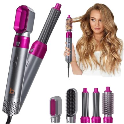5-in-1 Hot Air Brush Styler | 1000W Heating Hair Dryer & Curler Comb with Auto-Curl Function | Multifunctional Styling for All Hair Types, 3 Heat Levels Hot Air Brush 5 in 1 Hair Styling Tool-Plump Blow Drying Brush with Detachable Head for Straightening, Curling and Drying ( PINK ).