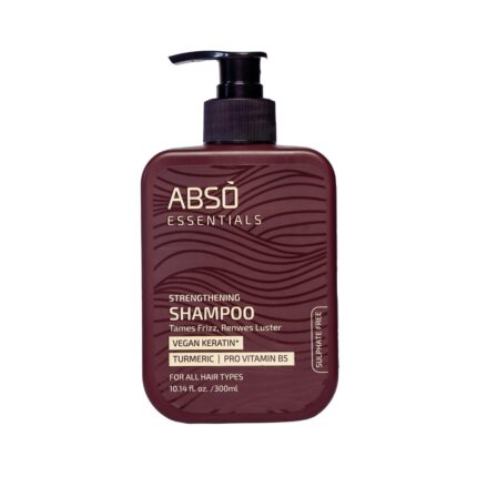 ABSO ESSENTIALS Strengthening Shampoo for Frizz Control, Hair Strengthening, Enhanced Shine Infused with Vegan Keratin, Pro Vitamin B5 and Turmeric| Sulphate & Paraben Free (300 ML)