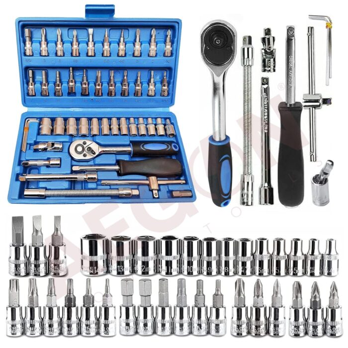 AEGON SS46 Heavy Duty 1/4" Combinational Ratchet Socket Wrench Spanner 46 Pieces Chrome Vanadium Hand Tool Kit Set For Repairing Work, DIY, Auto Repairs Car & Bike