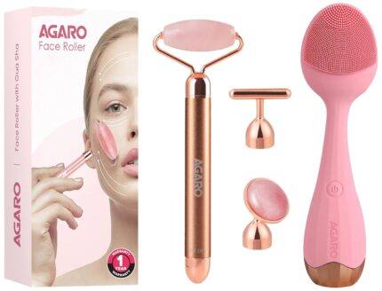 AGARO CM2109 Sonic Facial Cleansing Brush Massager with Silicone Brush & Anti-Aging Massager, Pink & 3-In-1 Electric Rose Quartz Face Roller, Facial Roller Kit (Rosegold)