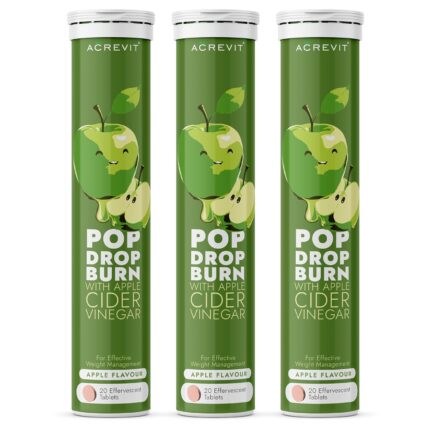 Acrevit Apple Cider Vinegar Effervescent 20 Tablets for Men & Women, Sugar-Free Energy Boosters with Pomegranate Extract, Vitamin B12 & B6 for Weight Management - Pack of 3(Apple Flavour)
