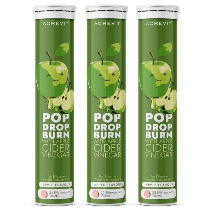 Acrevit Apple Cider Vinegar Effervescent 20 Tablets for Men & Women, Sugar-Free Energy Boosters with Pomegranate Extract, Vitamin B12 & B6 for Weight Management - Pack of 3(Apple Flavour)