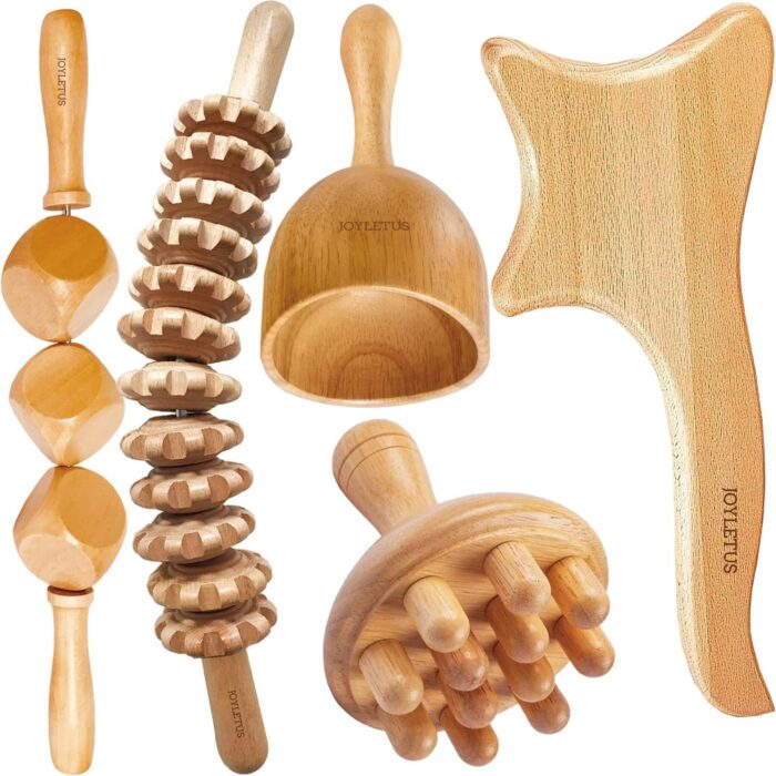 AcuPhysio Wood Therapy Massage Kit Wooden Gua Sha Tool for Body, Manual Massage Scraper for Anti Cellulite and Relieve Muscle Fatigue, Wooden Massager Acupressure (Pack of 5)