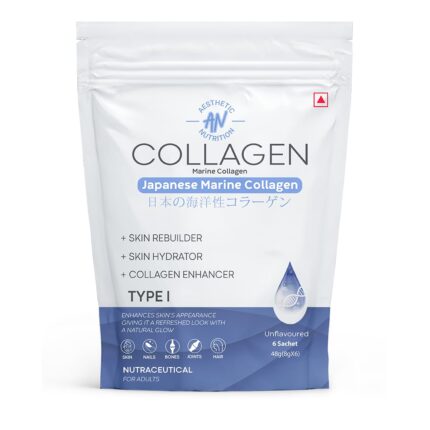 Aesthetic Nutrition Japanese Marine Collagen Powder | Pure Hydrolyzed & Transform Your Skincare Routine & Hair Health Enhancer With Anti-Aging (Pack of 6, Unflavoured)