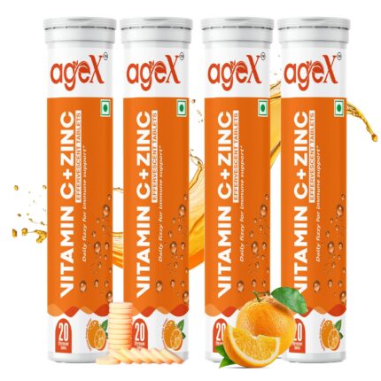 AgeX Vitamin C + Zinc Effervescent Tablets | Natural Immunity Booster for Skin, Hair & Nails | Supports Collagen Production & Immune Health | 80 Effervescent Tablets (Pack of 4)