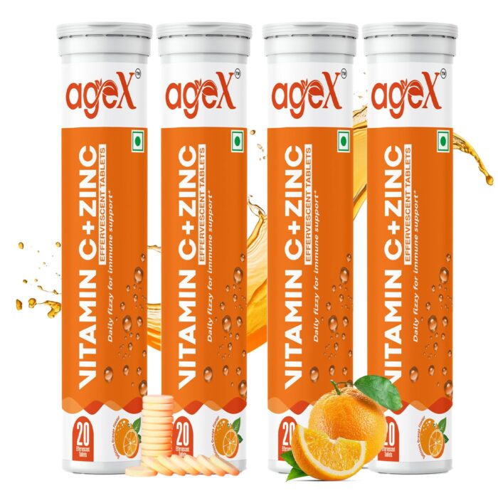 AgeX Vitamin C + Zinc Effervescent Tablets | Natural Immunity Booster for Skin, Hair & Nails | Supports Collagen Production & Immune Health | 80 Effervescent Tablets (Pack of 4)