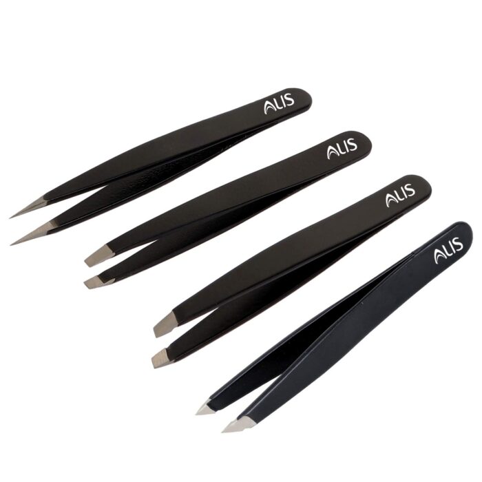 Alis Professional Tweezers Set of 4 different tips For Eyebrow, Facial Hair, Ingrown Hair, Splinter, Blackhead Remover with Storage Bag