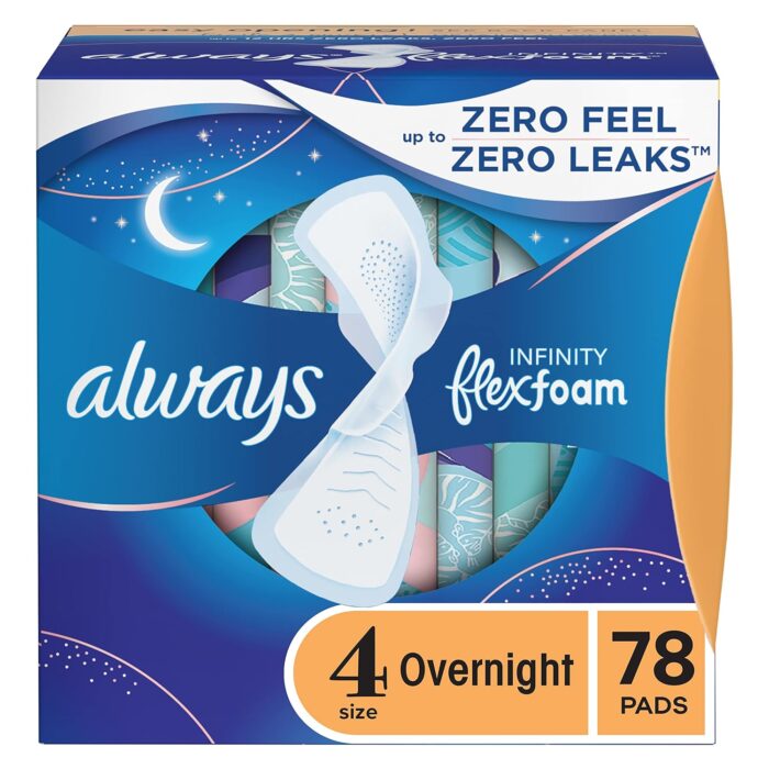 Always Infinity Size 4 Overnight Feminine Pads with Wings, Unscented, 28 Count - Pack of 3 (84 Total Count) (Packaging May Vary)