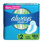 Always Maxi Feminine Pads with Wings for Women, Size 2, Long Super Absorbency, 180 Count, FSA HSA Eligible, Unscented, 60 Count - Pack of 3 (180 Count Total)