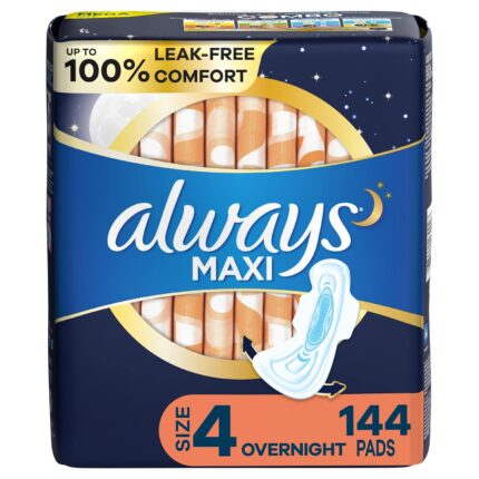 Always Maxi Feminine Pads with Wings for Women, Size 4, Overnight, 144 Count Total, FSA HSA Eligible, Unscented, 48 Count - Pack of 3 (144 Count Total)