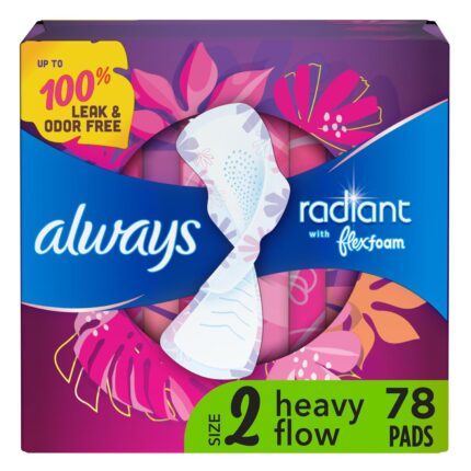 Always Radiant Heavy Feminine Pads with Wings, Scented, 26 Count - Pack of 3 (78 Total Count)