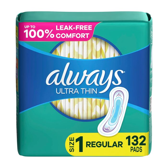 Always Ultra Thin Size 1, Regular Absorbency Feminine Pads without Wings, Unscented, 44 count - Pack of 3 (132 Total Count) (Packaging May Vary)
