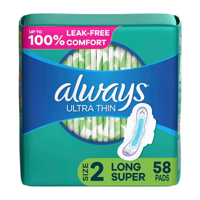 Always Ultra Thin Super Pads, With Wings, 58 Count