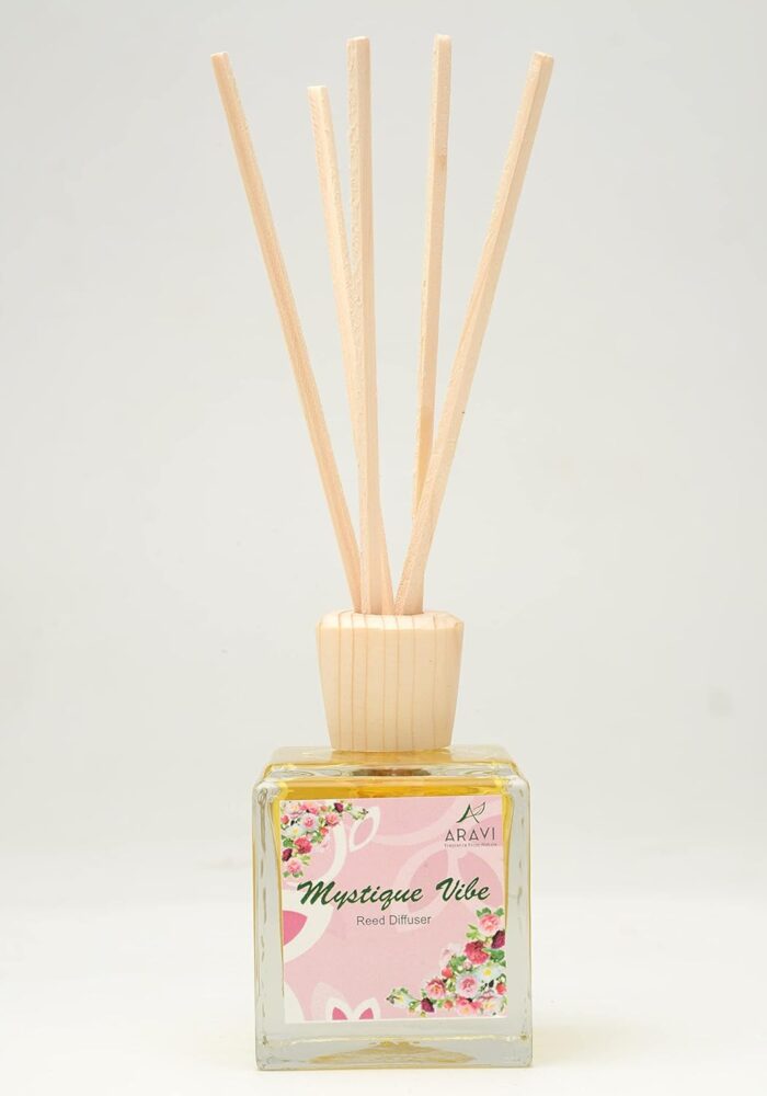 Aravi Fragrance from Nature Mystique Vibe Reed Diffuser For Home, Office and Spa, Scented Anti-Bacterial Essential Oil, Helps with Headaches, Common Flu and Blocked Nose, Comes with Reeds, 100 ml
