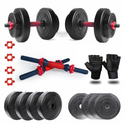 Artino Adjustable Dumbbells Set 8 Kg to 12 Kg with Pair of Dumbbell Rods and PVC Weight Plates with Gym Glaves
