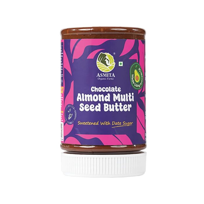 Asmita Organic Farms Creamy Chocolate Nut Butter 250g | Naturally Sweetened with Date Sugar | High-Protein | Vegan & Gluten-Free | Made with Almonds, Multi-Seeds & Avocado Oil | Zero Palm Oil | Rich & Smooth Chocolate Spread