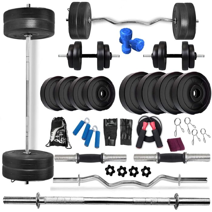 BODYFIT Home Gym Combo Set, [8Kg-100 Kg], 3ft Curl, 5Ft Straight Rod + One Pair Dumbbell Rods, PVC Dumbbell Plates, Weight Plates, Exercise Set, Home Gym Kit. (56Kg Weight Plates)