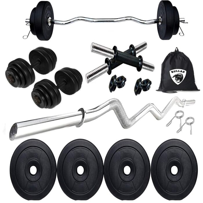 BULLAR Home Gym Set, Home Gym Combo, Home Gym Equipments for men, Home Gym Kit with 12Kg Weight Plates, 3ft curl Rod, 1 Pair Dumbbell rods & Accessories