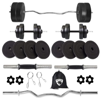 BULLAR PVC Home Gym Weight Set, 8kg to 20kg Adjustable Dumbbell and 3 feet Curl Bar with Gym Bag, Complete Exercise Equipment (12 KG)