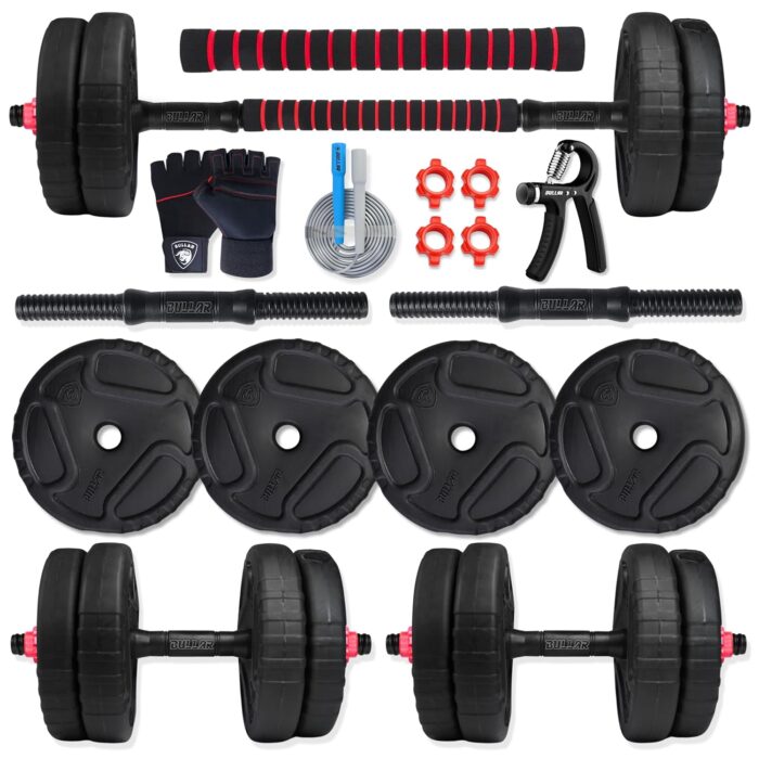 BULLAR Premium Adjustable Dumbbells Set 8 Kg to 30 Kg with Pair of Dumbbell Rods and PVC Weight Plates with Connector Rod and Accessories (10Kg combo with connector + Acc)