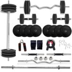 BULLAR Rubber Home Gym Set with 3Ft Curl 5Ft Straight Rod, Pair of Dumbbell Rods, rubber Weight Plates Combo, Gym Equipment for Workout Fitness Exercise Kit (60 kg Rubber Home Gym Set)
