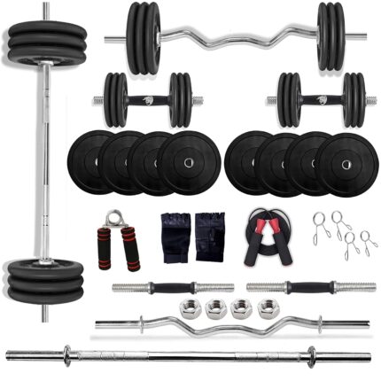 BULLAR Rubber Home Gym Set with 3Ft Curl 5Ft Straight Rod, Pair of Dumbbell Rods, rubber Weight Plates Combo, Gym Equipment for Workout Fitness Exercise Kit (60 kg Rubber Home Gym Set)