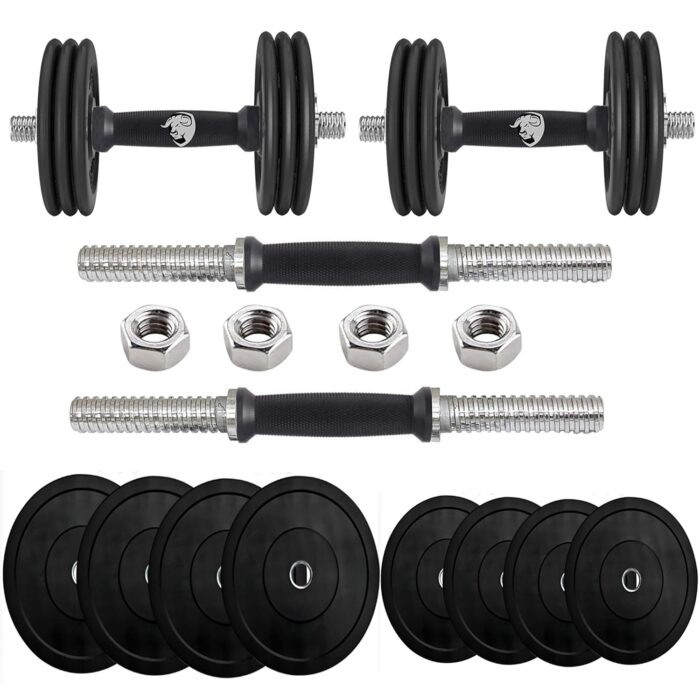 BULLAR Rubber Weight Plates 14 inches Steel Dumbbells rods 25mm Gym Equipment Set for Home Workout, Home Gym kit Rubber Plates Combos (10 kg Rubber Dumbbell Set)