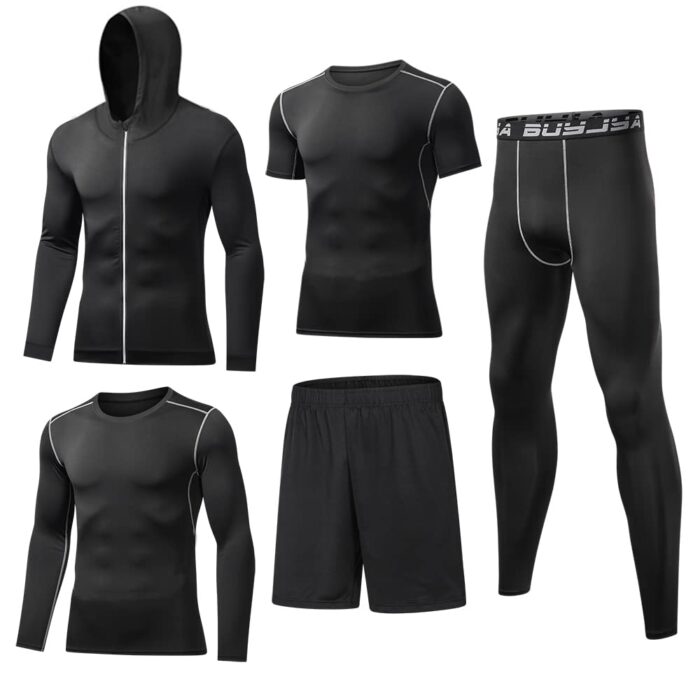 BUYJYA 5Pcs Men's Compression Top Pants Long Sleeve Fitness Suit Workout Set (Black, XL)