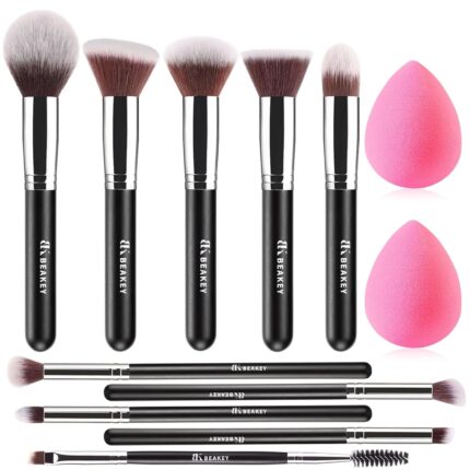 Beakey Makeup Brushes Set Premium Synthetic Kabuki Foundation Face Powder Blush Eyeshadow Brush Makeup Brush Kit With Blender Sponge And Brush Egg (10+2Pcs,Black/Silver)