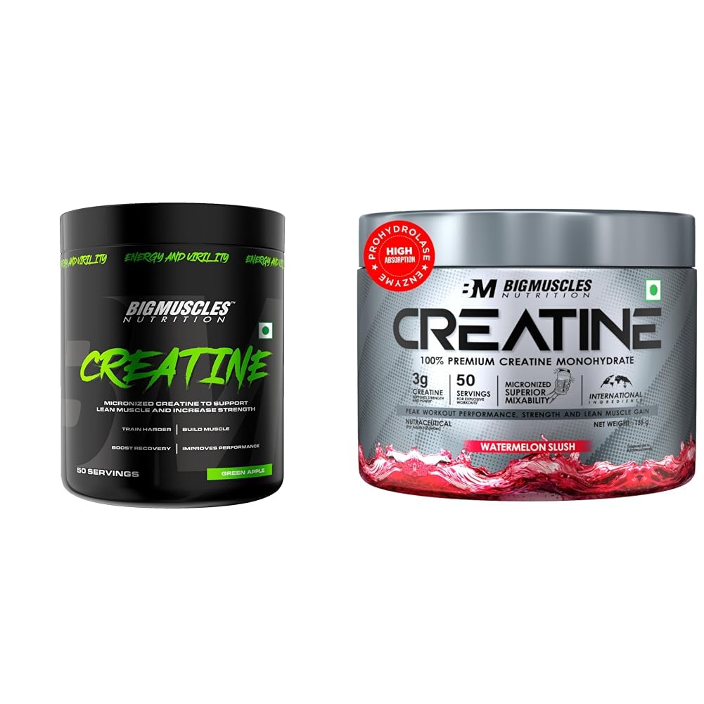 Bigmuscles Creatine 155g (50 Servings) – Green Apple | Micronized Monohydrate for Muscle Repair & Strength & Bigmuscles Creatine 155g (50 Servings) – Watermelon Slushcombo