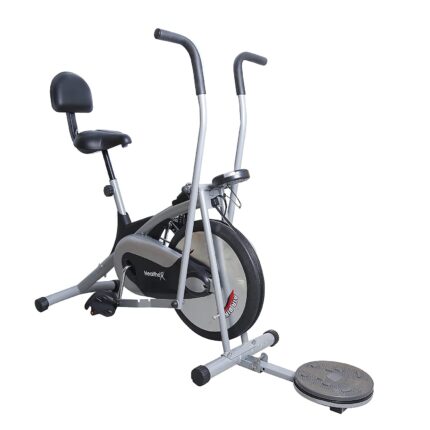 Body Gym Healthex Exercise Cycle Bike For Home Gym With Stationary Handles Cardio Machine for Weight Loss at Home Platinum BT With Chain Driven (Black/Silver)