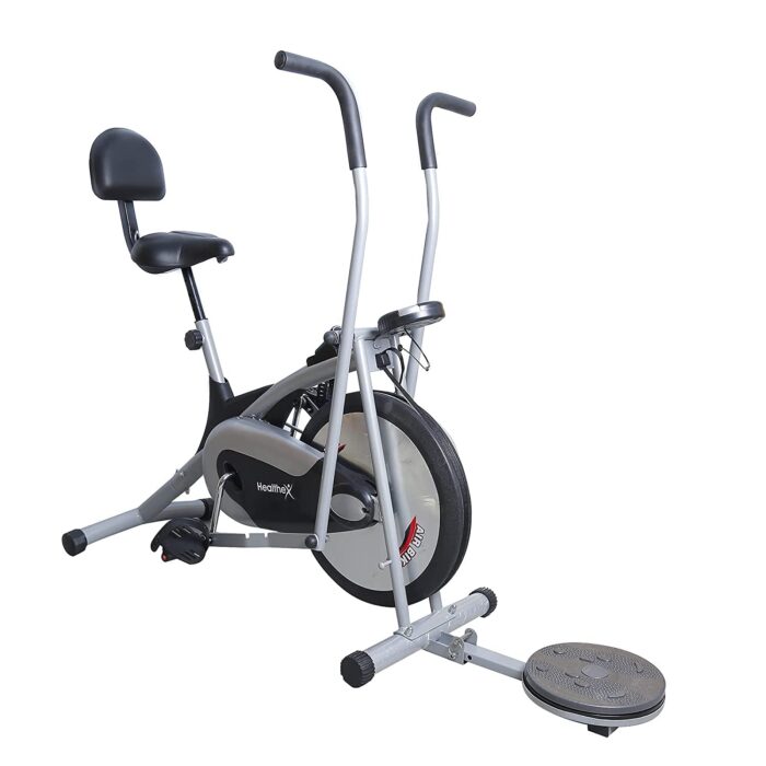 Body Gym Healthex Exercise Cycle Bike For Home Gym With Stationary Handles Cardio Machine for Weight Loss at Home Platinum BT With Chain Driven (Black/Silver)