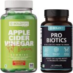 Boldfit BOLDPOPS Apple Cider Vinegar Gummies- 30 Green Apple Flavoured Gummies & Probiotics Supplement 30 Billion CFU - 60 Vegetarian Capsules, White