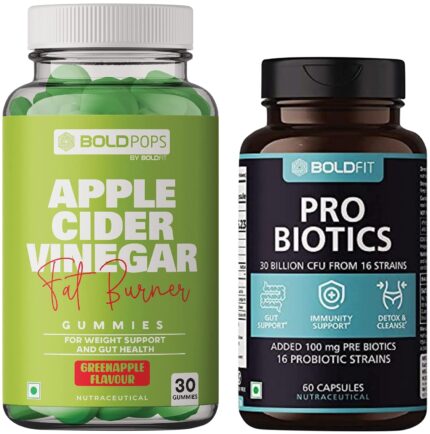 Boldfit BOLDPOPS Apple Cider Vinegar Gummies- 30 Green Apple Flavoured Gummies & Probiotics Supplement 30 Billion CFU - 60 Vegetarian Capsules, White