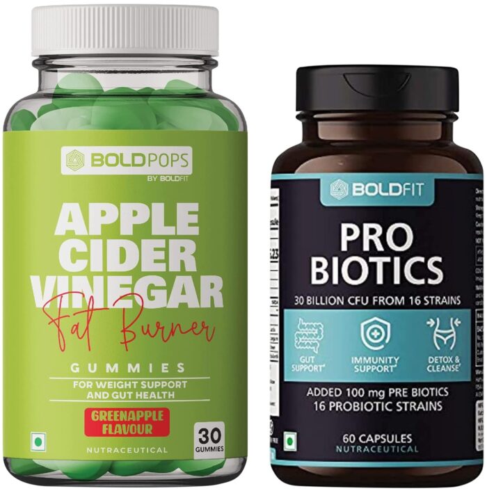 Boldfit BOLDPOPS Apple Cider Vinegar Gummies- 30 Green Apple Flavoured Gummies & Probiotics Supplement 30 Billion CFU - 60 Vegetarian Capsules, White